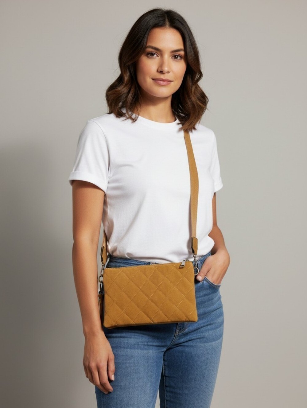 Jen & Co. Izzy Vegan Quilted Crossbody Wallet Bag Mustard Yellow Guitar‎ Strap